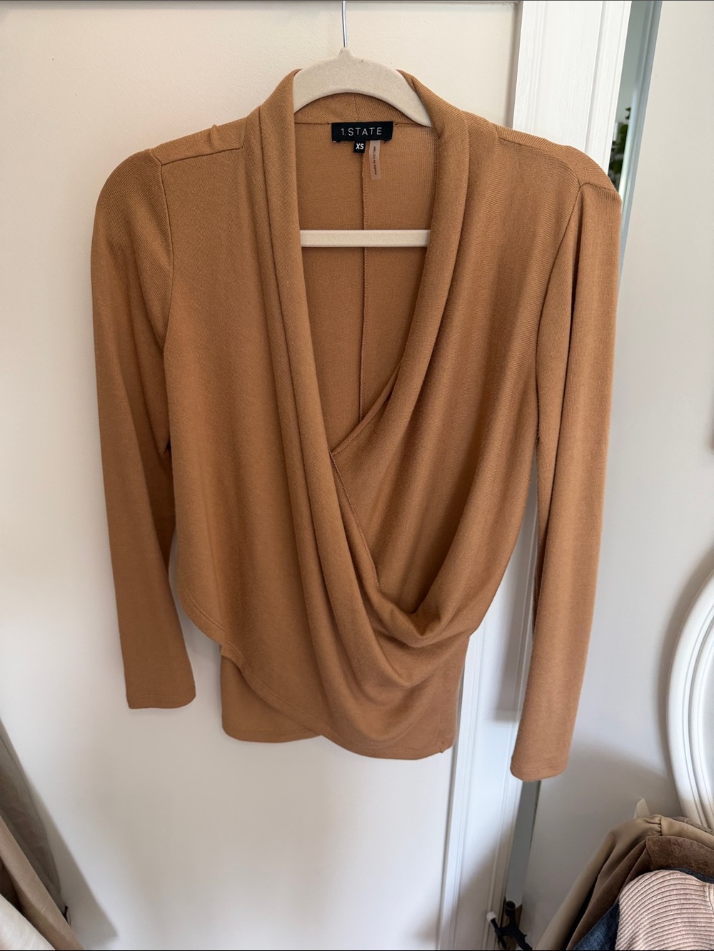 1. STATE Camel Knit Top with Draped Detail